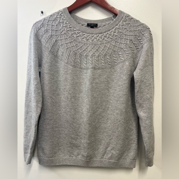 Talbots Gray Sweater Yoke Crew fairisle pullover Cotton cashmere Blend Medium - Picture 2 of 9